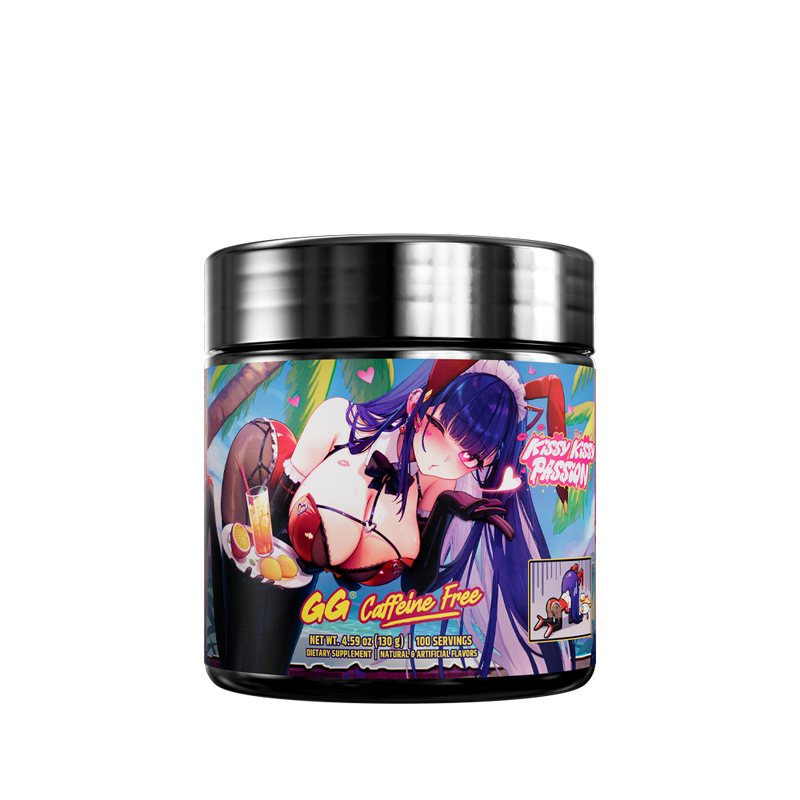 Black container with a colorful graffiti-style label showing nutrition facts and supplement directions on the back.