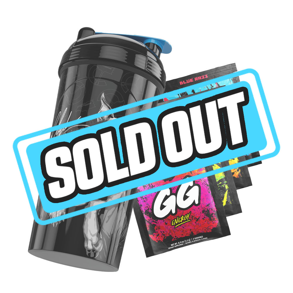 Black shaker bottle featuring a grayscale portrait of a man and a dog with a blue flip cap.