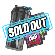 Black shaker bottle featuring a grayscale portrait of a man and a dog with a blue flip cap.