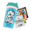 Blue and teal shaker bottle with cartoon design