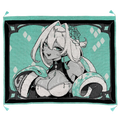 Anime character with white hair and green accents on a teal background