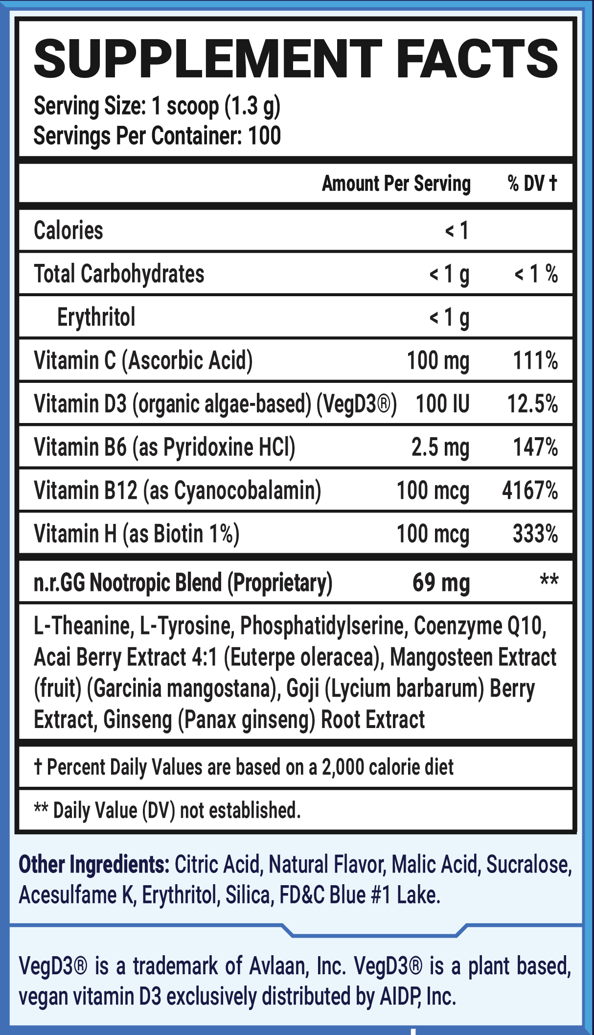 Blue Screen Babe by AmaLee Caffeine Free - 100 Servings Nutrition Chart
