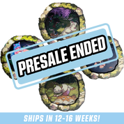 Set of four round coasters with mossy stone edges featuring colorful anime-style characters and creatures in nature scenes.