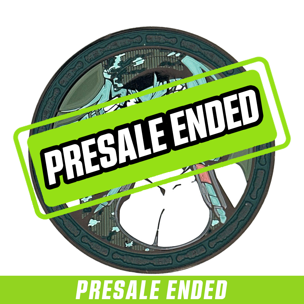Round coin with white stylized GSXRCLYDE logo on a green and teal camouflage background with textured border.