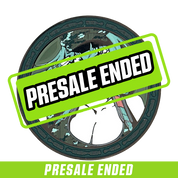 Round coin with white stylized GSXRCLYDE logo on a green and teal camouflage background with textured border.