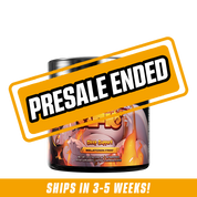 Black container with a silver lid showing supplement facts and colorful cartoon flame design on the label