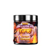 Black container with colorful cartoon flames and a clear supplement facts label on the back.