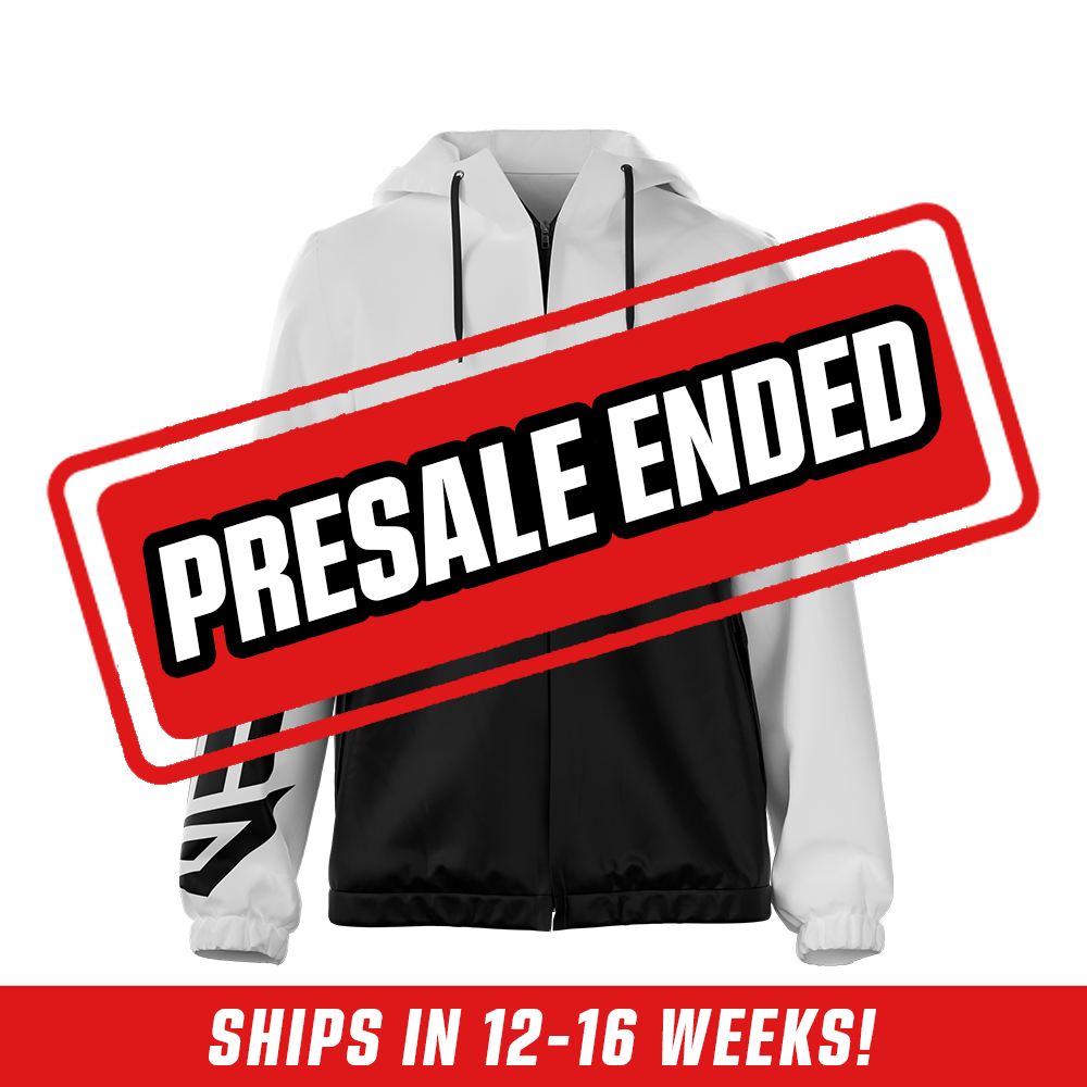 White and black windbreaker with a large anime girl holding a sword and wearing a demon mask on the back.