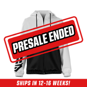 White and black windbreaker with a large anime girl holding a sword and wearing a demon mask on the back.