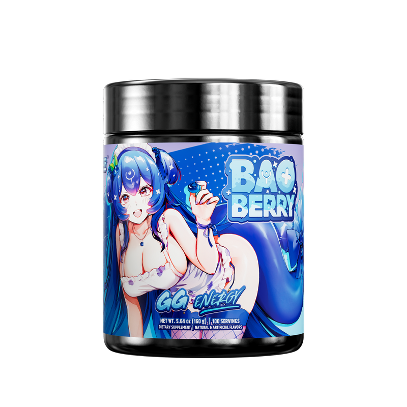 Black supplement jar with a blue label showing detailed nutritional facts and usage instructions on the back.