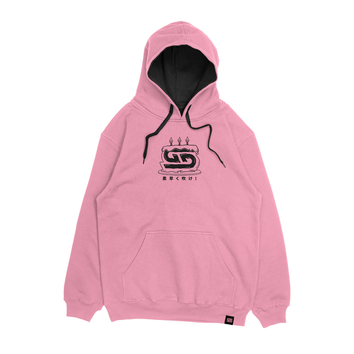 Pink hoodie with anime girl holding a birthday cake and "Happy Birthday" text in black and white on the back.