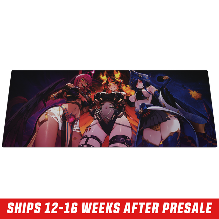 Large mouse pad featuring two anime-style female characters with dark wings and fiery horns on a wooden desk.
