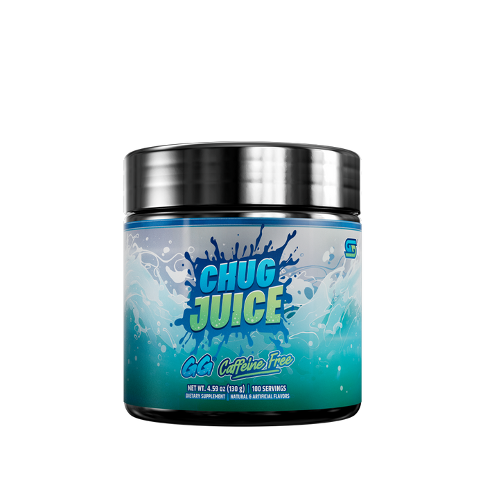 Blue and black container with detailed supplement facts and usage instructions on the back label of Chug Juice GG.