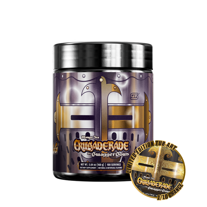 Black container with detailed white supplement facts and directions label, featuring gold and white text accents.