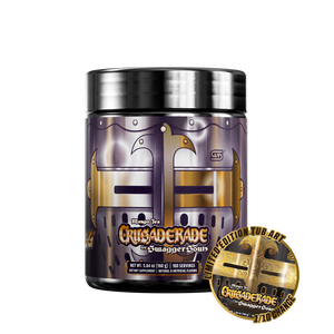 Black container with detailed white supplement facts and directions label, featuring gold and white text accents.