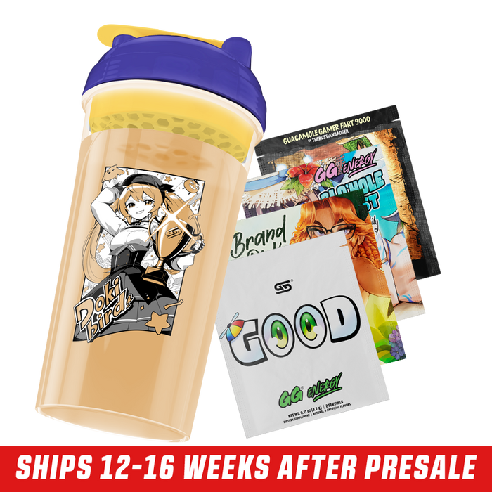Clear shaker cup with purple lid and yellow flip cap, featuring anime girl with long orange hair in black and white outfit