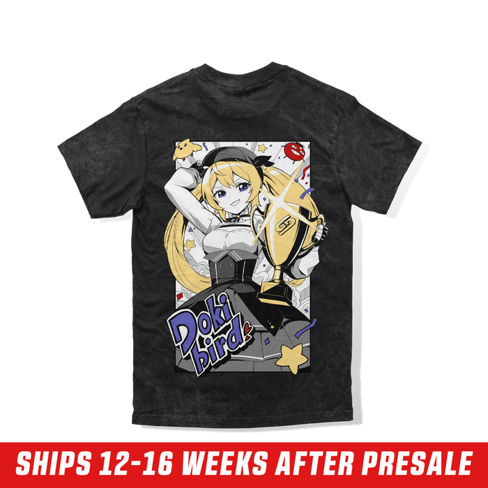 Black acid-wash shirt with small purple and white "Doki bird" logo and red lips graphic on left chest
