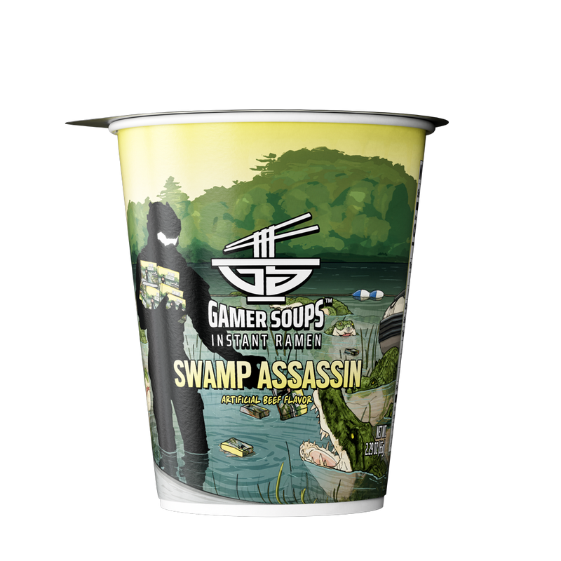 Circular label with a swamp scene, a shadowy figure, crocodile, and bold text "Swamp Assassin Artificial Beef Flavor."