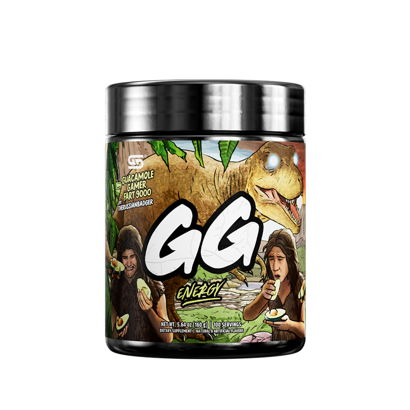 Black supplement container with detailed nutrition facts and green leafy design on the label's sides