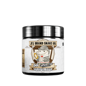 White supplement container back label with black lid and detailed nutritional facts and usage instructions text