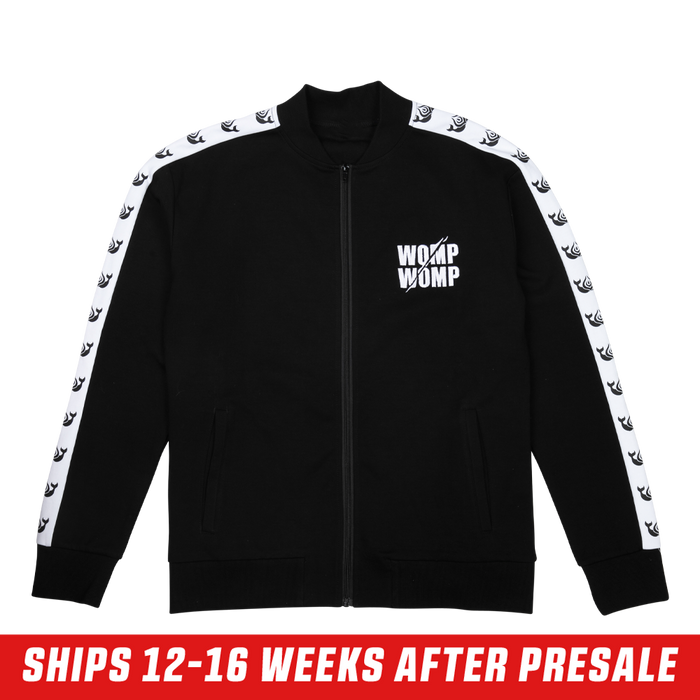 Black track jacket with white killer whale logos on the shoulders and a large logo centered on the upper back.