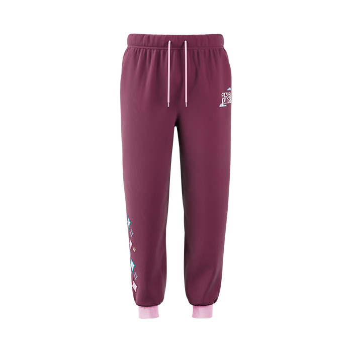 Mauve sweatpants with elastic waistband, pink cuffs, side pockets, and pixelated star designs near the ankle.