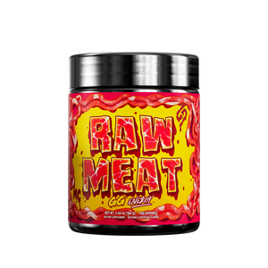 Black container with red and yellow label showing detailed nutritional facts and usage instructions for supplement powder.