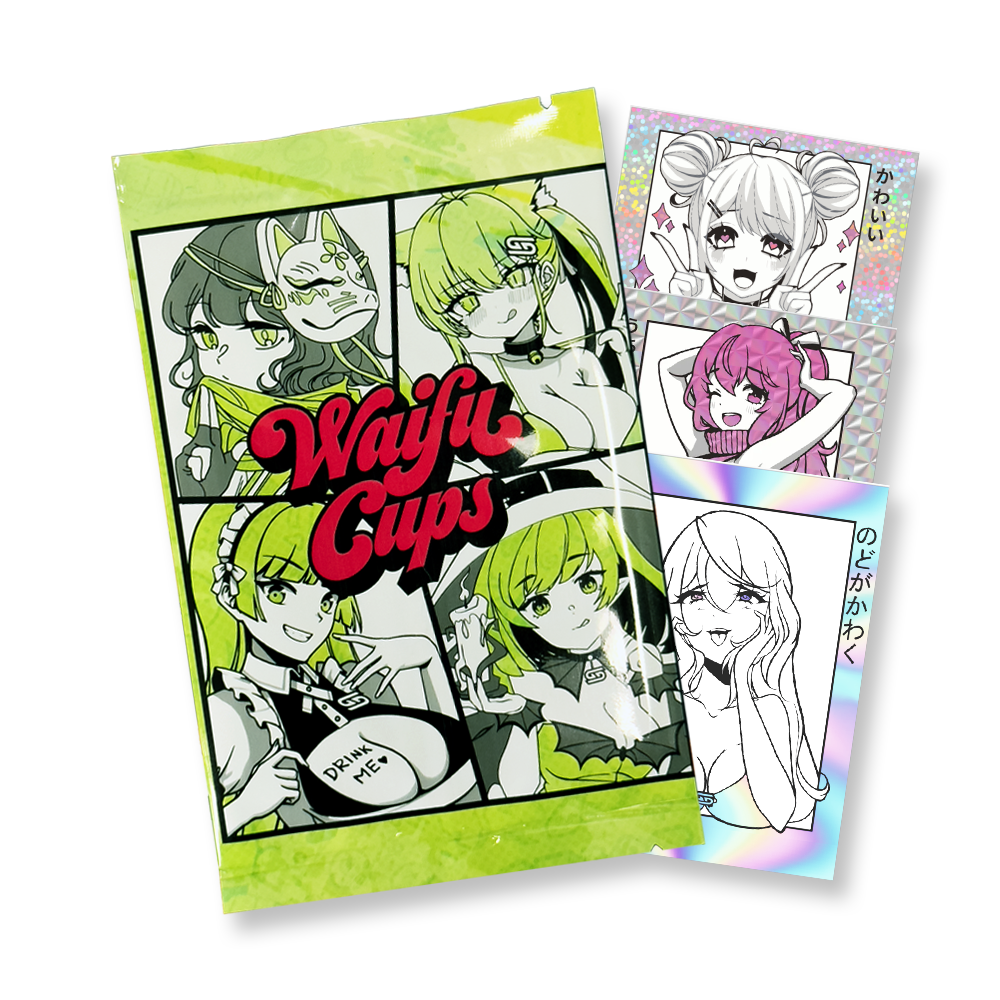 Waifu Cups Sticker Pack Seasons 1-3 tilted over 3 rare stickers