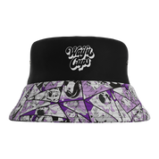 Front of Waifu Cups Season 4 Bucket Hat showing custom embroidered logo and printed brim with various designs.