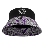 Inside of Bucket Hat showing printed brim and Custom embroidered logo on front of hat