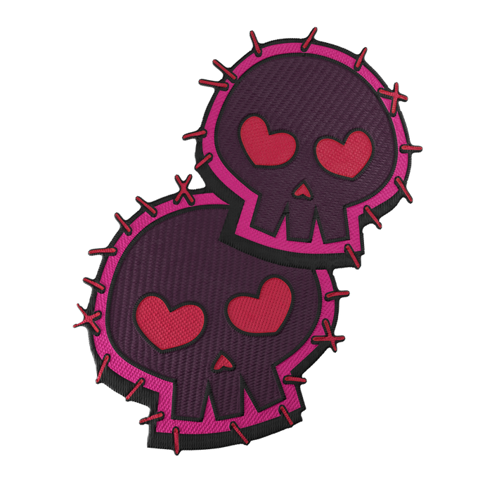 Two overlapping dark purple skulls with pink heart-shaped eyes and bright pink stitched borders on black background