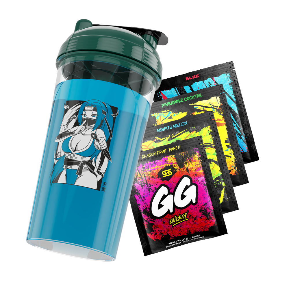 Front of Shinobi Waifu Cup tilted right filled with blue liquid above four free sample packs