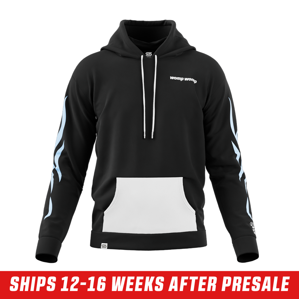 shylily hoodie front showing white pocket, design on arms, gamer supps tag, and womp womp print on left side of chest
