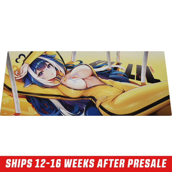 Mouse pad featuring an anime girl with blue and white hair, purple eyes, and a yellow outfit holding a sword.