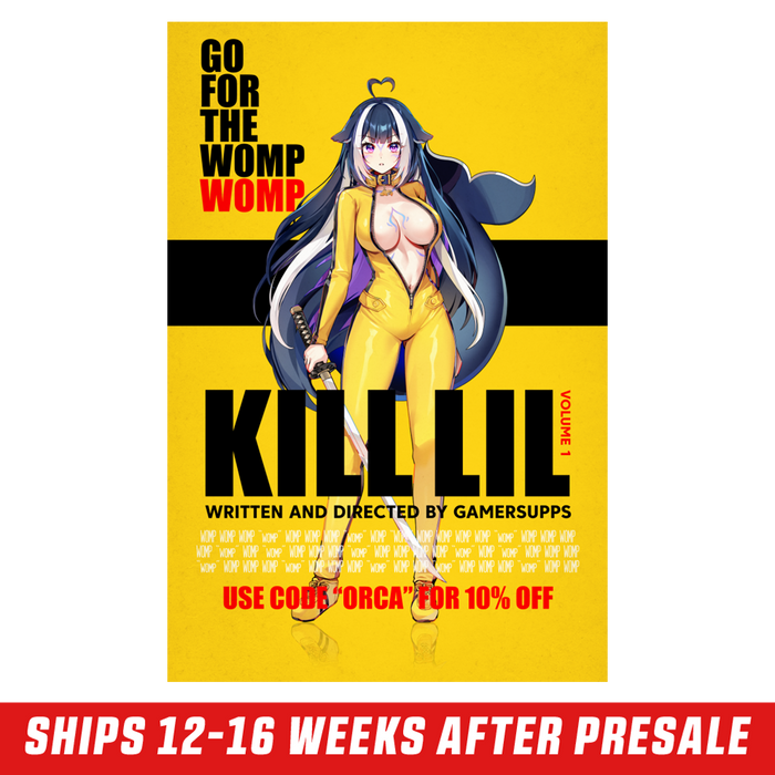 Framed yellow poster with anime woman in yellow suit holding a sword and bold black and red text.