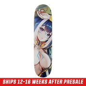 Natural wood grain skateboard deck with a classic shape and pre-drilled holes for trucks.