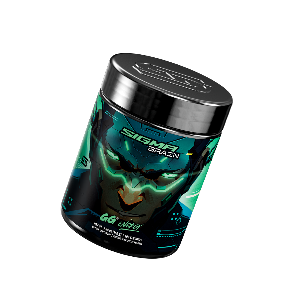 Sigma Brain GG Energy Tub tilted right showing Gamer Supps Logo on the top of the lid
