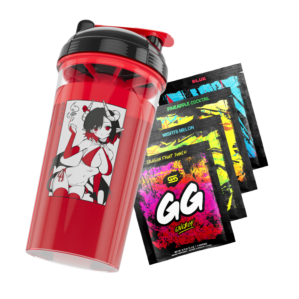Succubus Waifu Cup filled with red liquid tilted right over 4 Free Gamer Supps Sample Packs