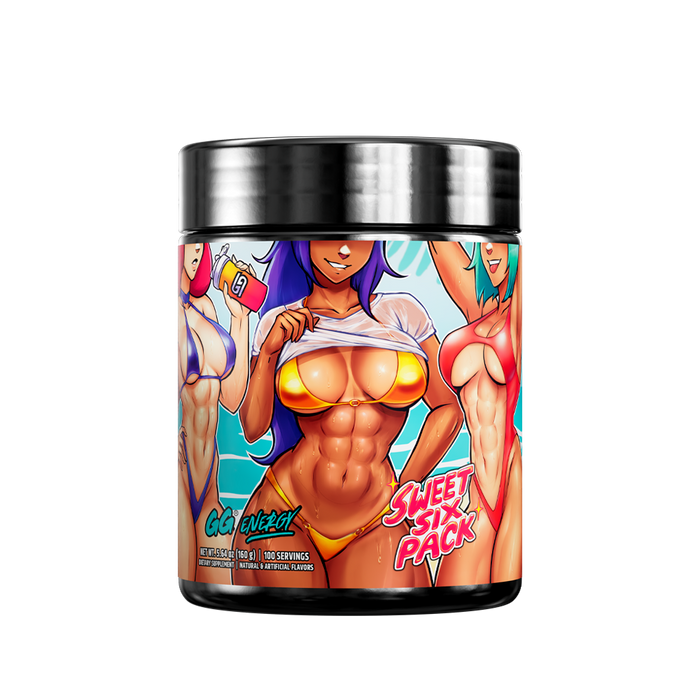 Black container with colorful tropical-themed label showing supplement facts and usage instructions in small text.