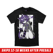 Black shirt with a purple-haired anime cat girl showing a playful pose and Japanese text on the back.