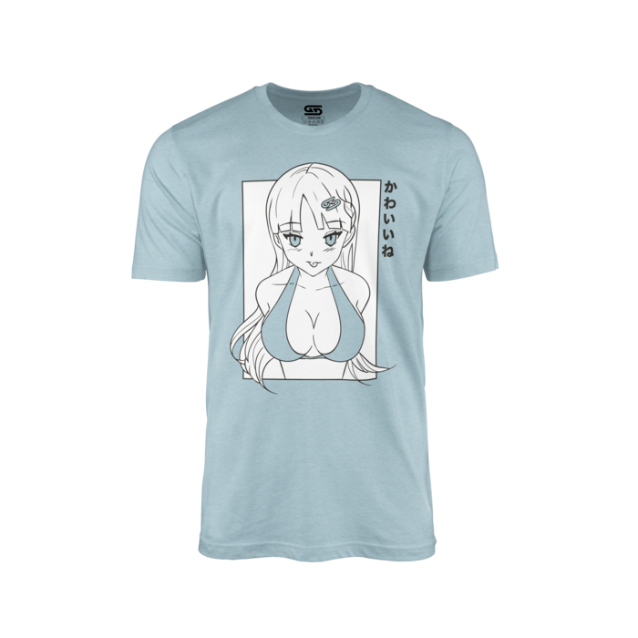 Light blue shirt with a black and white anime girl wearing a blue bikini top and Japanese text on the right side.