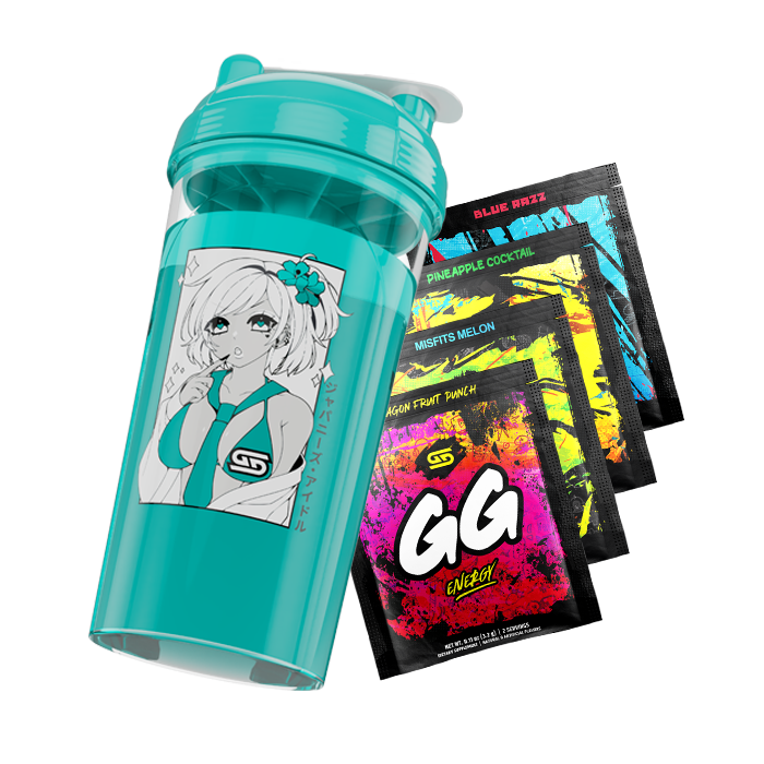 Waifu Cup S1.10 Popstar Tilted Right filled with Blue liquid above four free GG Sample Packs