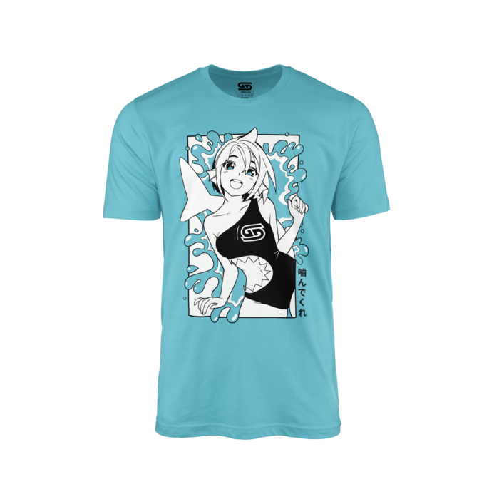 Light blue shirt with a black and white anime shark girl surrounded by water splash graphics and Japanese text.